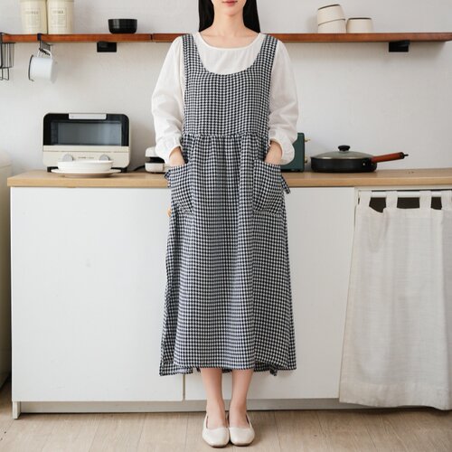 跨境韩版千鸟格圆领围裙中长款连衣裙前后两片开衩奶茶咖啡师花艺