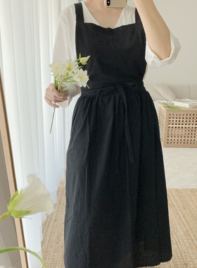 外贸日式韩版棉麻围裙连衣裙森女系烘焙花店美术美甲奶茶咖啡师