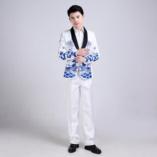 新选中式绣花西服男士结s婚礼服新郎敬酒服年会酒吧歌手主持演出