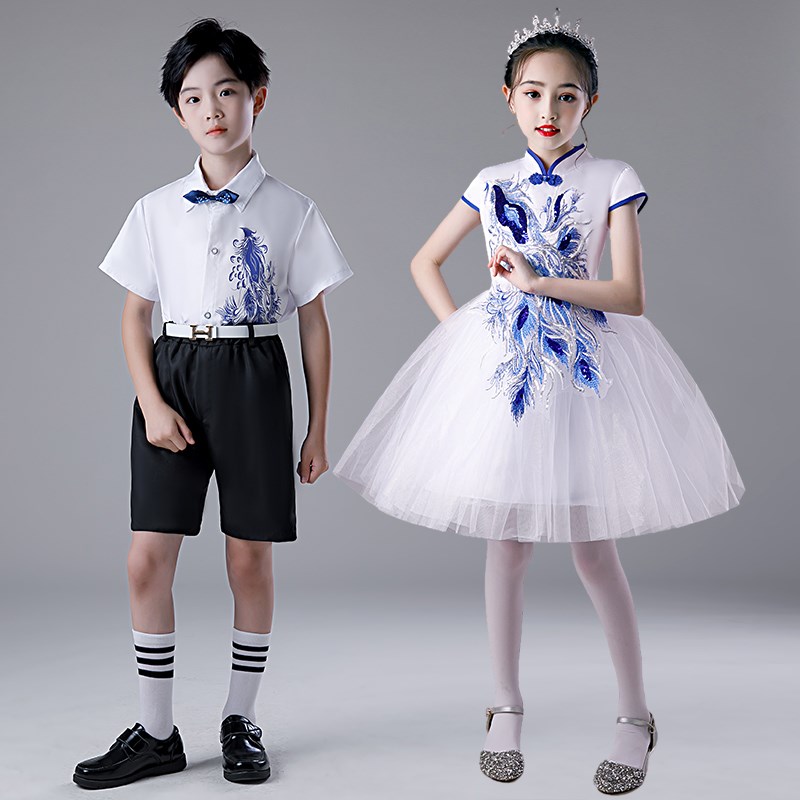 新选青花瓷儿童合唱服诗歌演讲朗诵F主持礼服中国风女童古筝比赛