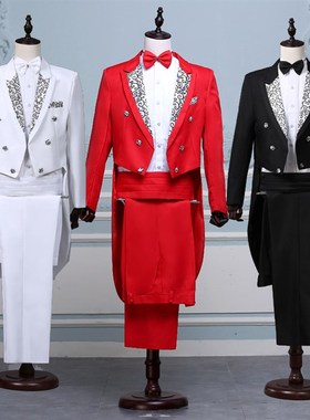 新选大红色e双排扣燕尾服套装男歌手演出服魔术师胖子指挥服婚礼