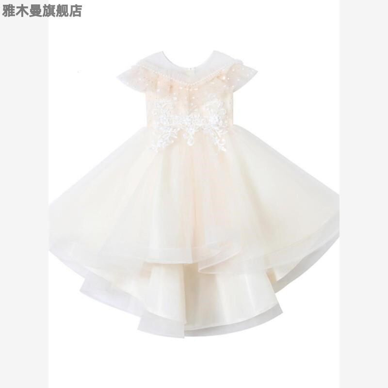 精选女童拖尾礼服霸气前t短后长走秀演出服儿童连衣裙洋气蓬蓬纱