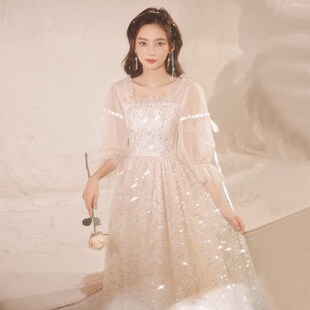 学生艺考大合唱香槟色亮片连衣裙 晚礼服女新款 新品 超仙气质g长袖