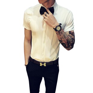 新品夏季男士修身韩版衬衫演x出服装伴郎新郎结婚礼服兄弟团装衬