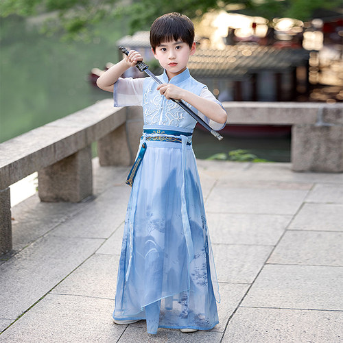 精选汉服男c童夏季薄款短袖儿童古装国学演出服男孩帅气武侠服学