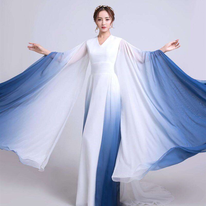 新品成人古筝演出服女渐变蓝色长A款显瘦长裙舞台表演民乐独奏演