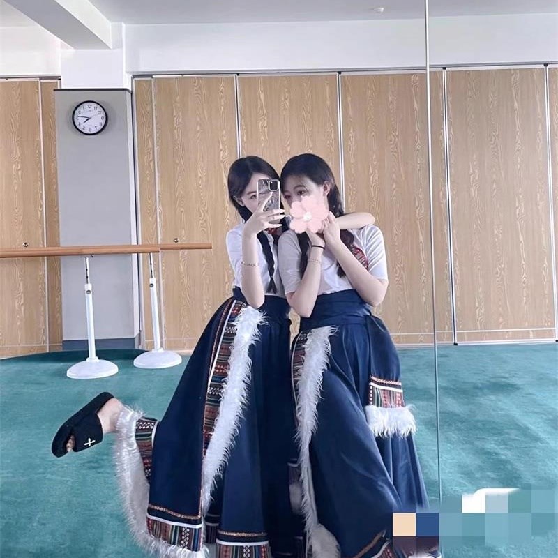 新品新款少数民族舞蹈演出服装藏族半身大摆裙女T头饰品蒙古练习图片