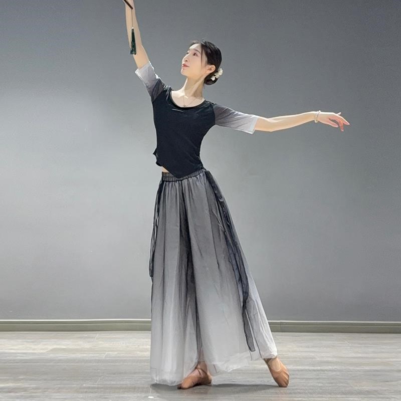 精选春季新款黑色现代舞上衣成人练功服女L飘逸舞蹈服古典舞服装