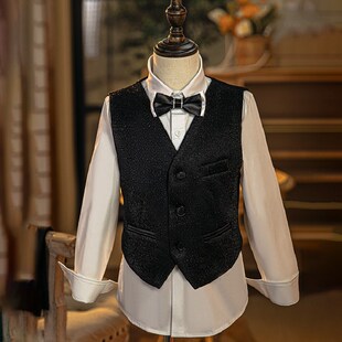 新选银色b亮片儿童演出服马甲男童西装男宝礼服钢琴主持人晚会演