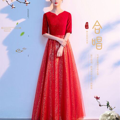 精选中国红合唱团演出服长裙女新款合唱队舞O台指挥服主持人礼服