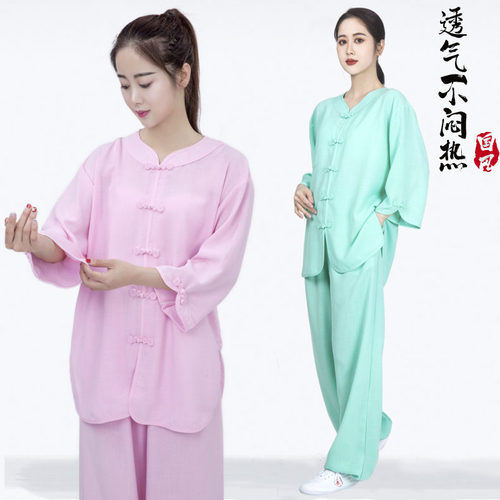 精选新款夏e季太极拳练功服女短袖圆领7分袖中袖夏天棉麻中老年太