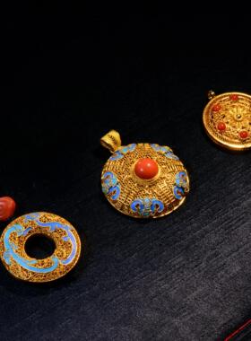 国风18K金真手工花丝非遗传承翠色五福捧寿龙凤呈祥项坠