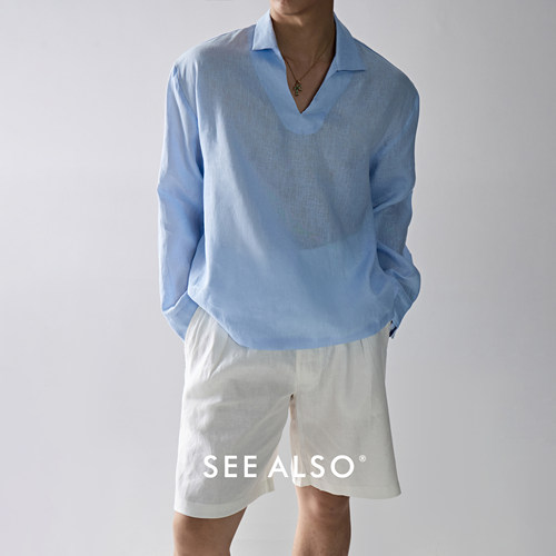 老钱新贵休闲长袖亚麻v领衬衫男