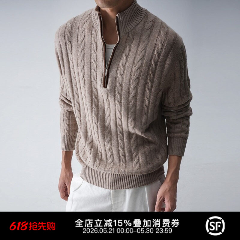 SEE ALSO『羊皮山羊绒』美式复古半拉链针织衫老钱冬季绞花毛衣男