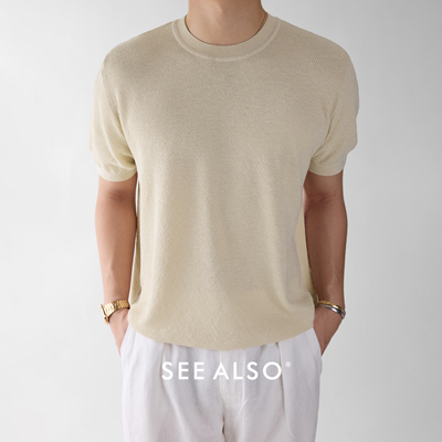 亚麻混纺老钱圆领针织短袖T恤男