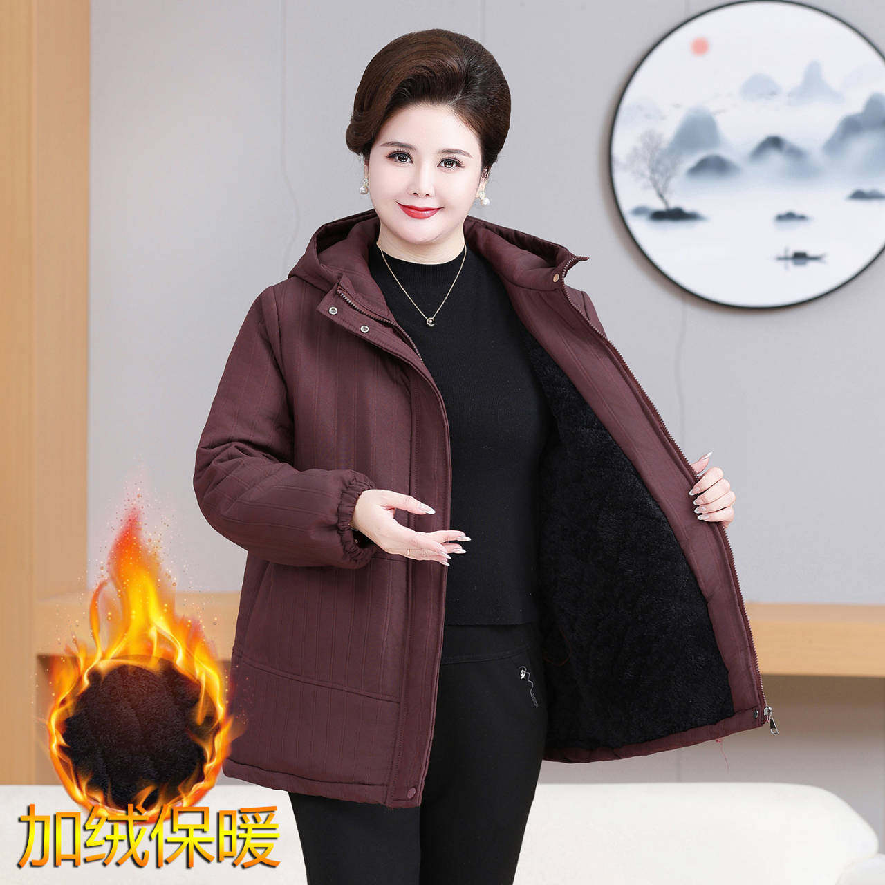 胖妈妈冬装宽松加绒棉服外套