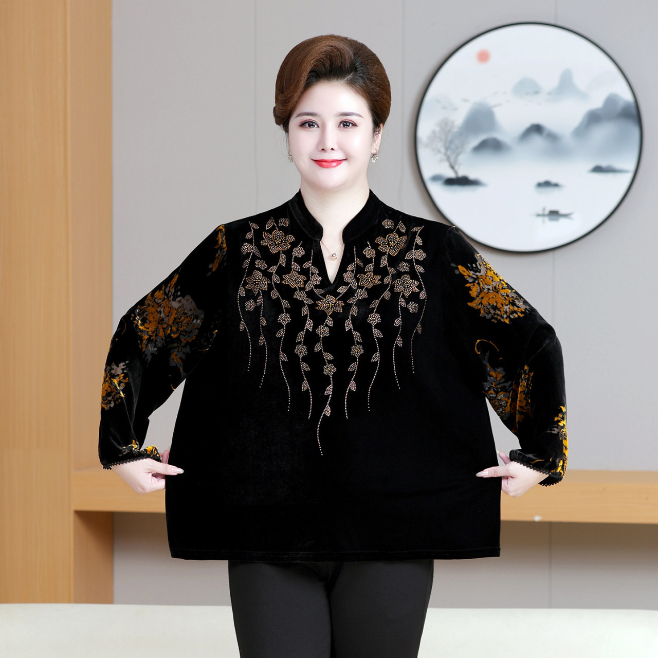 胖妈妈装T恤中老年金丝绒上衣女