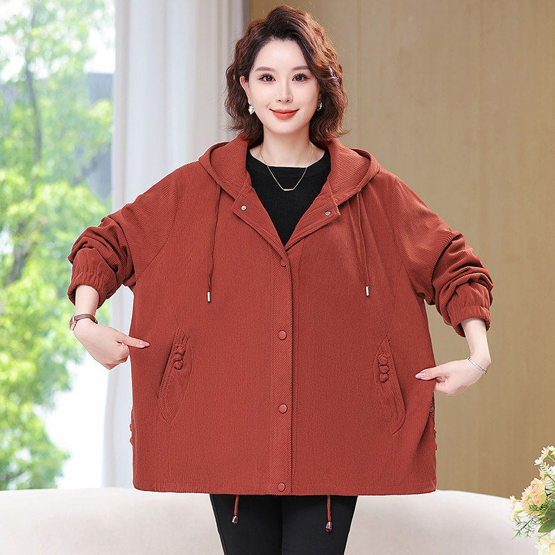 2026新款春装200斤女装大码连帽风衣外套宽松休闲加肥洋气妈妈衣