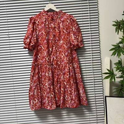 0522-5意大利田园风红色碎花连衣裙女泡泡袖荷叶边收腰减龄优雅裙