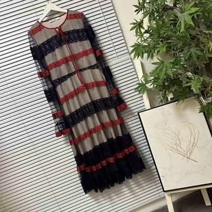 条纹气质优雅长款 清仓 拼接蕾丝连衣裙中长款 裙子 时尚 1112