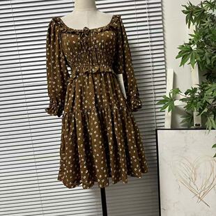 0325 田园风日常复古荷叶边 27意大利雪纺碎花方领收腰连衣裙女装