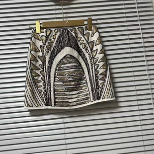 1219 35复古重工钉珠亮片艺术图案半身裙短裙包臀裙