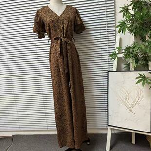 女收腰显瘦气质连体裤 0313 23轻熟风复古女人味豹纹V领连衣裤