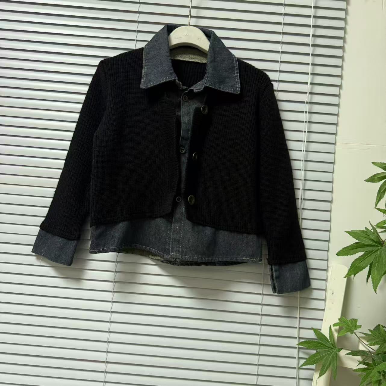 1016-8复古假两件牛仔拼接针织开衫女翻领短外套显瘦上衣