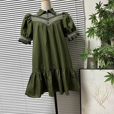 0226-9法系泡泡袖翻领连衣裙女装刺绣法式短袖娃娃裙荷叶边甜美风