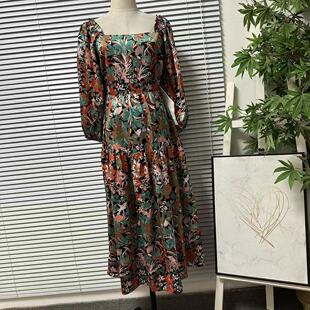 显瘦A字裙 花卉印花修身 0325 30意大利方领收腰日常复古连衣裙女装