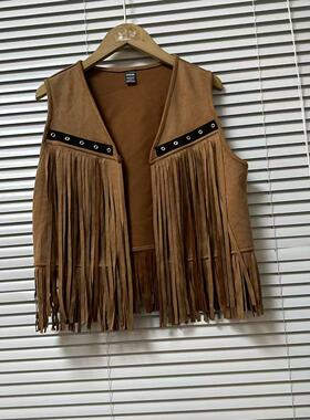 1203-1复古西部风棕色麂皮绒流苏马甲女V领无扣短款叠穿背心