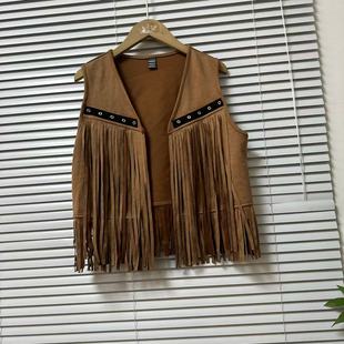 1203 叠穿背心 1复古西部风棕色麂皮绒流苏马甲女V领无扣短款