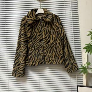 1226-60复古虎纹风短款毛绒绒外套上衣仿皮草外套显瘦时尚气质