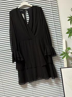 0202-57黑色V领长袖连衣裙女显瘦蛋糕裙气质氛围感穿搭