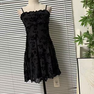 0608-59欧美单千金风黑色网纱植绒吊带连衣裙女优雅性感显瘦纯欲