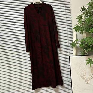 0109-49扎染风轻熟秋冬加绒长袖连衣裙女松V领长裙高端典雅百搭