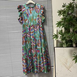 0602-36法式印花连衣裙女长款荷叶边V领束腰蛋糕裙彩虹色宽松型