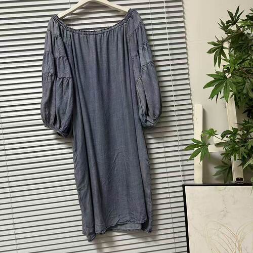 0321-37法系天丝牛仔泡泡袖休闲宽松连衣裙女装五分袖一字领慵懒