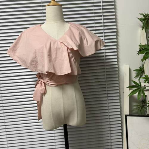 0626-60法系V领系带 荷叶边衬衫女夏季时尚粉色收腰性感拉链上衣