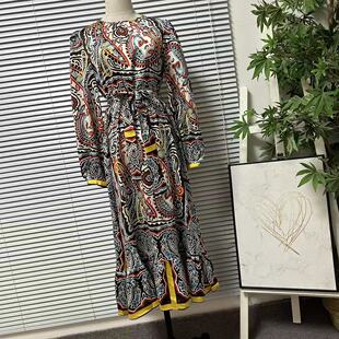 文艺 长袖 0325 33西班牙圆领优雅连衣裙收腰腰带印花气质中长款