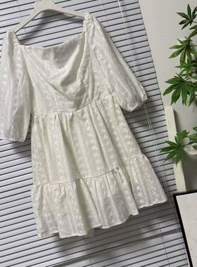 0716-31法系时尚休闲风泡泡袖方领连衣裙白色刺绣裙子