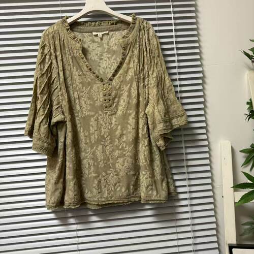 0626-49美国单波西米亚风提花褶皱V领短袖衬衫女宽松百搭减龄上衣