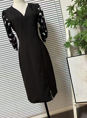 1014-58法式V领连衣裙女黑色收腰小黑裙高级感质感裙子