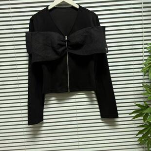 1009-18原创设计长袖休闲风衬衫宽松拉链黑色短款蝴蝶结时尚款