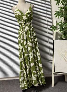 0603-50法系文艺度假风印花吊带连衣裙女V领收腰长裙绿色沙滩裙