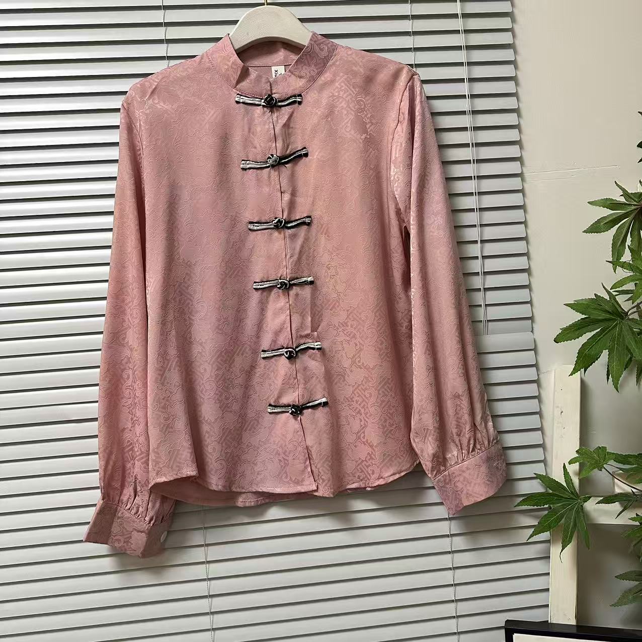 1121-21新中式国风立领盘扣提花衬衫女长袖国风上衣气质衬衫