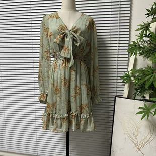 V领系带收腰显瘦中长款 浪漫风雪纺连衣裙女长袖 裙子 48法式 1219