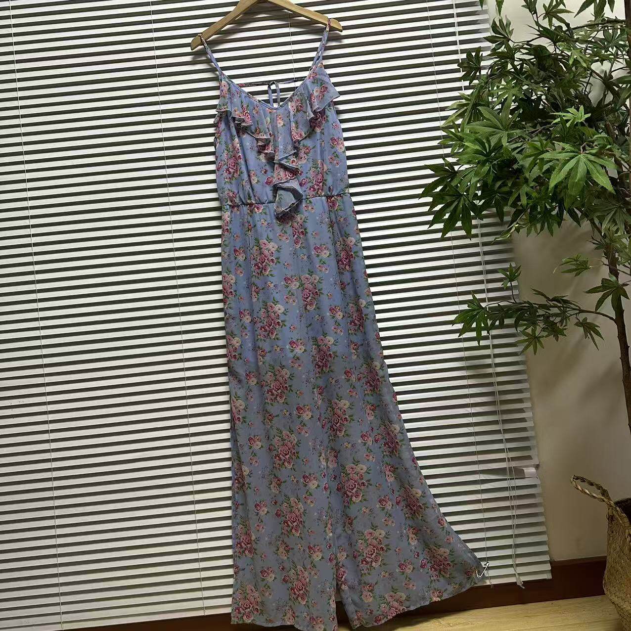1015-55欧美单雪纺碎花荷叶边吊带长裤连体衣女装花朵印花纯欲