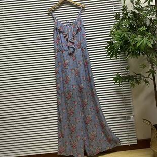1015-55欧美单雪纺碎花荷叶边吊带长裤连体衣女装花朵印花纯欲