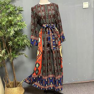 波西米亚民族风复古印花旅拍长裙茶卡盐湖松紧收腰连衣裙1022